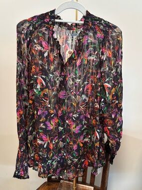 NWT Maria Cher Black Floral Sheer Long-Sleeve Blouse